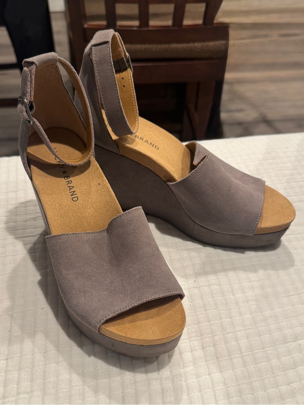 Lucky Brand Yemisa Wedge Sandals for Women — Taupe Suede Open-Toe Ankle Strap